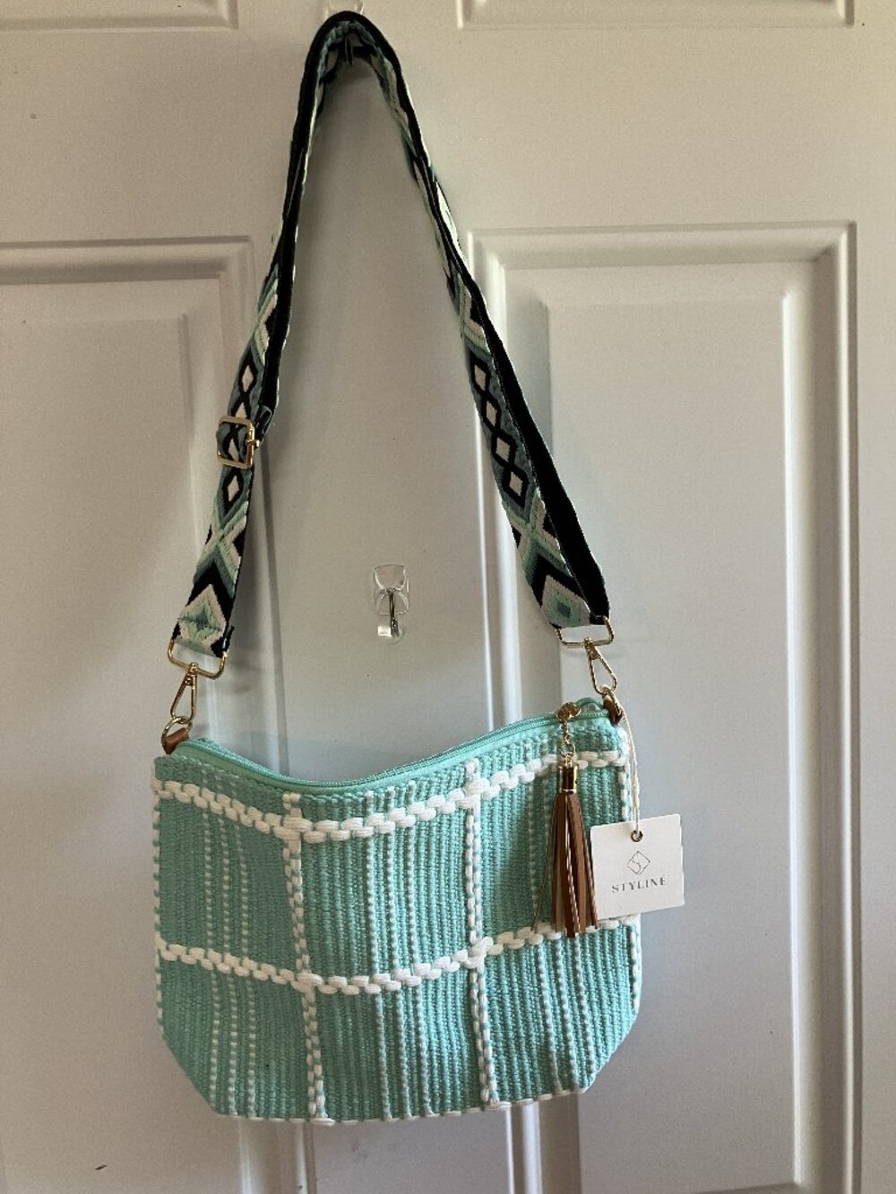 Woman's Styline Woven Cloth Teal Purse